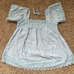 Light Blue Flowy Square Neck with Tie and Lace Trim Top